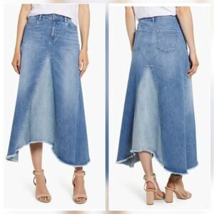 WASH LAB DENIM PIECED DENIM MIDI SKIRT, SIZE 27